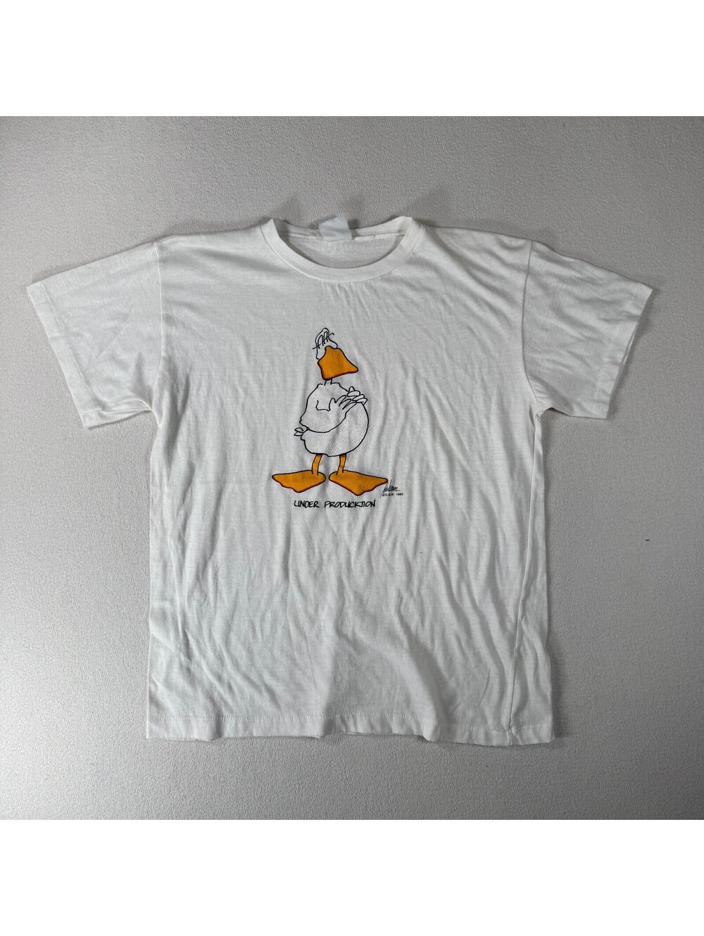 Vintage 1985 Wilson Under Production Cartoon Duck White T-Shirt Paper Thin Soft